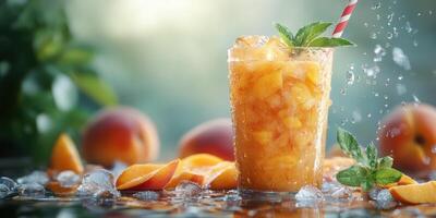 Refreshing peach iced tea garnished with mint and ice against a tropical backdrop during sunny day photo