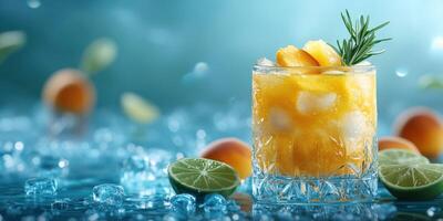 Refreshing tropical cocktail served in a crystal glass with citrus garnishes on a blurred blue background photo