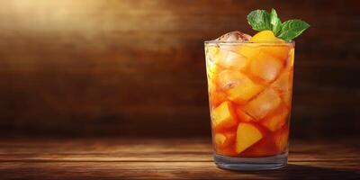 Refreshing iced tea with fruit and mint served in a tall glass on a wooden table photo