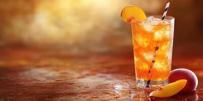 Delicious peach iced tea in a glass with slices of peach and a striped straw displayed on a warm, rustic table photo