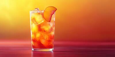 Refreshing cocktail with ice and peach slice set against a vibrant sunset backdrop photo