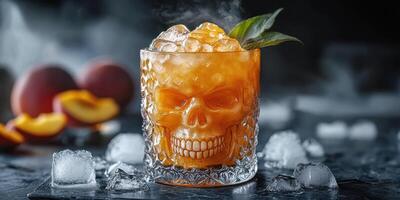 Craft cocktail served in a skull-shaped glass garnished with herbs and ice on a dark countertop with fresh fruit photo