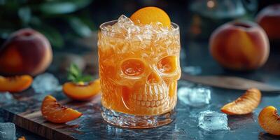 Bright orange cocktail served in a skull-shaped glass garnished with fresh fruit and ice at an indoor bar setting photo