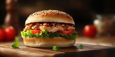 Juicy grilled chicken sandwich with fresh vegetables served on a wooden board in a cozy setting photo