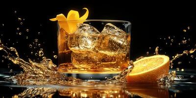 Refreshing cocktail with ice and orange slice creating splashes against a dark backdrop photo