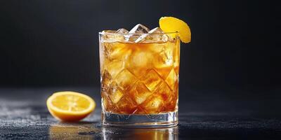 Cocktail garnished with orange slice served in glass on dark surface with ice cubes during evening setting photo