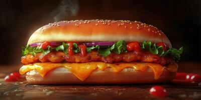 Delicious grilled chicken sandwich with melted cheese and fresh toppings served on a sesame seed bun photo