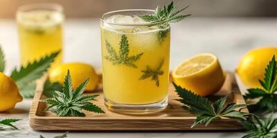 Refreshing cannabis-infused lemonade served with vibrant lemon slices and green leaves photo