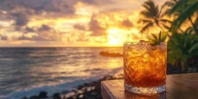 Sunset cocktail on a tropical beach with palm trees and ocean waves under a colorful sky photo
