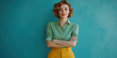 Confident woman in a stylish outfit poses against a vibrant blue background in a modern indoor space photo
