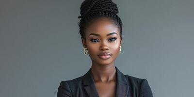 Confident young woman in a professional outfit poses for a portrait against a neutral background photo