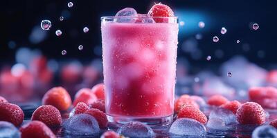 Refreshing raspberry drink with ice cubes surrounded by fresh raspberries in a vibrant, cool setting photo
