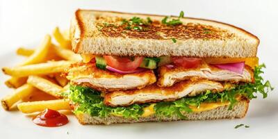 Crispy chicken sandwich with fresh vegetables and golden fries served on a white plate photo