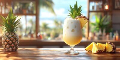 Tropical cocktail with pineapple garnish sits on a wooden table near a beach bar in bright sunlight photo