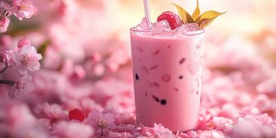 Refreshing pink beverage garnished with raspberry and mint amid cherry blossom petals in a warm setting photo