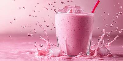 Refreshing pink smoothie splashing in a glass with a straw against a soft pink background photo
