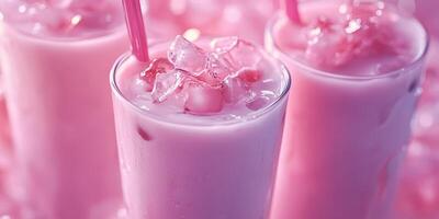 Refreshing pink beverage served with ice in tall glasses under soft lighting photo