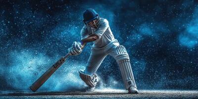 Cricketer swinging bat during night match with blue smoke effects in the background, showcasing athletic skill and focus photo