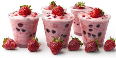 Refreshing strawberry and berry smoothies arranged with fresh strawberries in a bright setting photo
