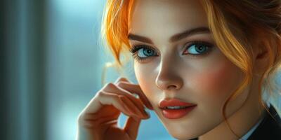 Young woman with striking blue eyes and wavy red hair in a modern indoor setting during daylight photo