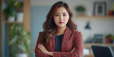 Confident young woman in a floral blazer standing in a modern office during daylight hours photo