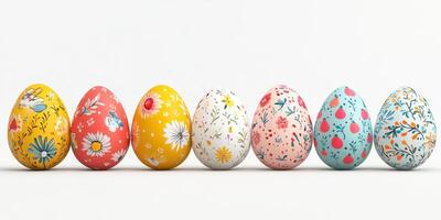 Decorative Easter eggs lined up on a white background showcasing various floral and colorful designs photo