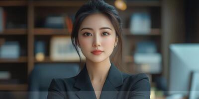 Confident businesswoman in a modern office setting during a busy workday photo