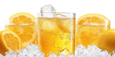 Refreshing citrus beverage served over ice with lemon slices on a bright background photo