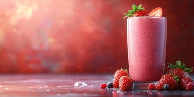 Refreshing strawberry smoothie in a glass with fresh berries on a colorful background photo