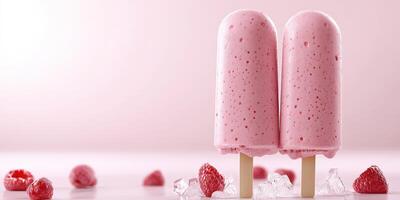 Delicious raspberry popsicles with a pink background and fresh raspberries scattered around photo