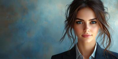 Young woman with striking blue eyes and tousled hair poses confidently against a blurred gradient background photo