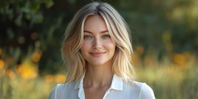 Portrait of a woman with light blonde hair smiling in a sunny park filled with flowers during golden hour in summer photo