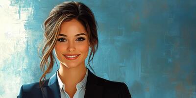 Confident young professional woman poses against a textured blue background with a warm smile photo