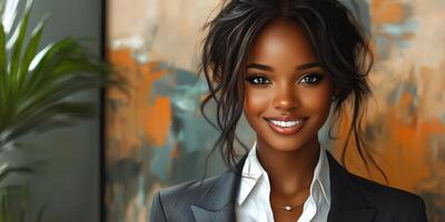 Confident young woman in a business suit smiling in a contemporary office setting during daytime photo