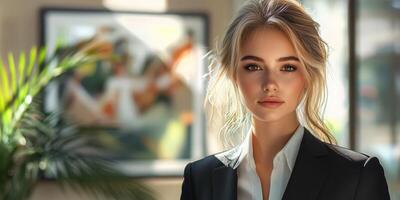Young woman in formal attire stands confidently in a modern office with soft lighting and artistic background photo