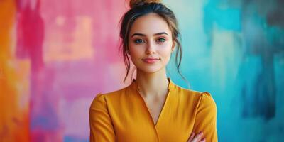 Young woman with long hair poses confidently before a colorful abstract mural in a bright studio setting photo