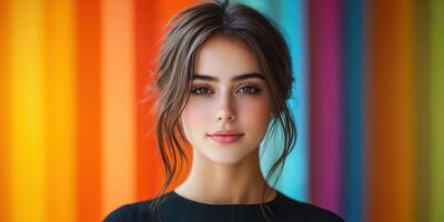 Portrait of a young woman with long hair in front of a vibrant colorful background at a creative studio photo