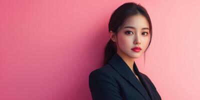 Confident woman posing against a pink background during a fashion photoshoot in a studio setting photo