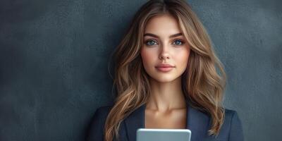 Professional woman in a suit looking at her smartphone against a textured wall backdrop photo