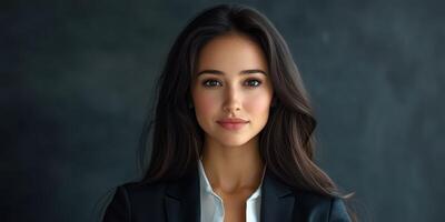 Professional woman in a black suit poses confidently against a dark background for a business-focused portrait shoot photo