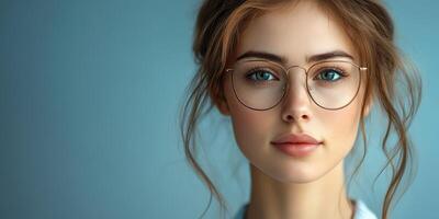 Young woman with glasses and wavy hair poses in front of a blue backdrop, showcasing a calm and confident expression photo