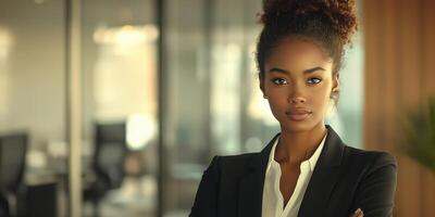Businesswoman poses confidently in modern office setting during daytime hours, showcasing professionalism and determination photo