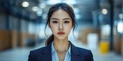 Confident woman poses in a modern office environment with soft lighting and industrial background photo