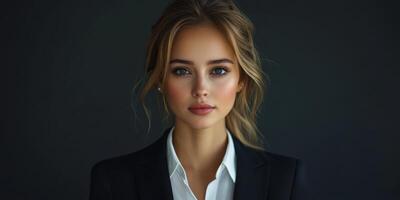 Professional portrait of a woman with striking features in a dark setting, showcasing elegance and confidence photo