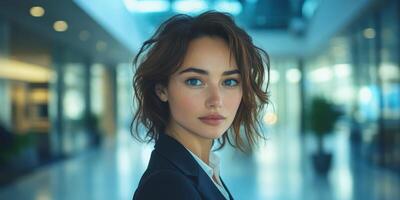 Young woman with blue eyes and tousled hair stands confidently in modern office interior during daytime photo