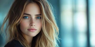 Young woman with striking blue eyes and wavy hair gazes thoughtfully from a modern indoor space in bright natural light photo