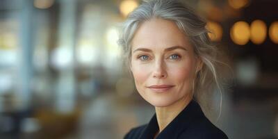 Beautiful mature woman with light gray hair and striking blue eyes in a modern indoor setting photo