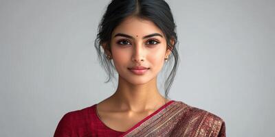 Elegant woman in traditional outfit poses gracefully in studio with neutral backdrop photo