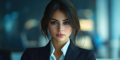 Confident young woman in a business suit standing in a corporate office setting during daytime hours photo