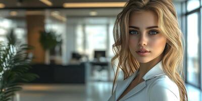 Young woman with striking features poses confidently in a modern office environment during daytime photo